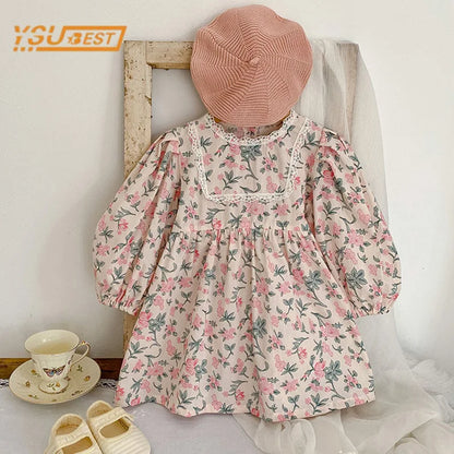 Girls Long Sleeve Flower Print Dress