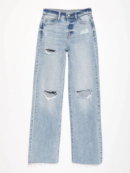 Distressed Straight Leg Jeans with Pockets - -