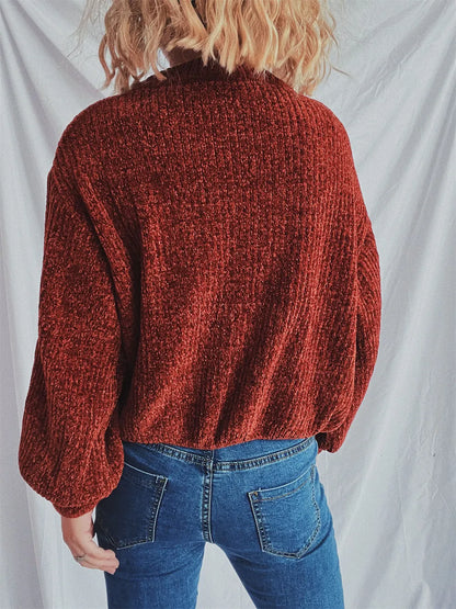 Round Neck Dropped Shoulder Long Sleeve Sweater - -
