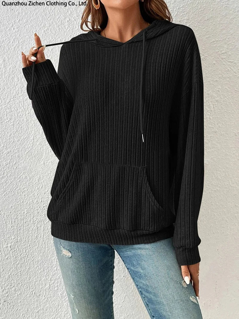 Long Sleeve Round Neck Sweater Hooded Kangaroo Pocket Casual Solid Top