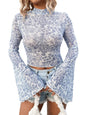 FLORAL ELEGANCE Sheer Mesh Bell Sleeve Top - Blue and White Medium - top