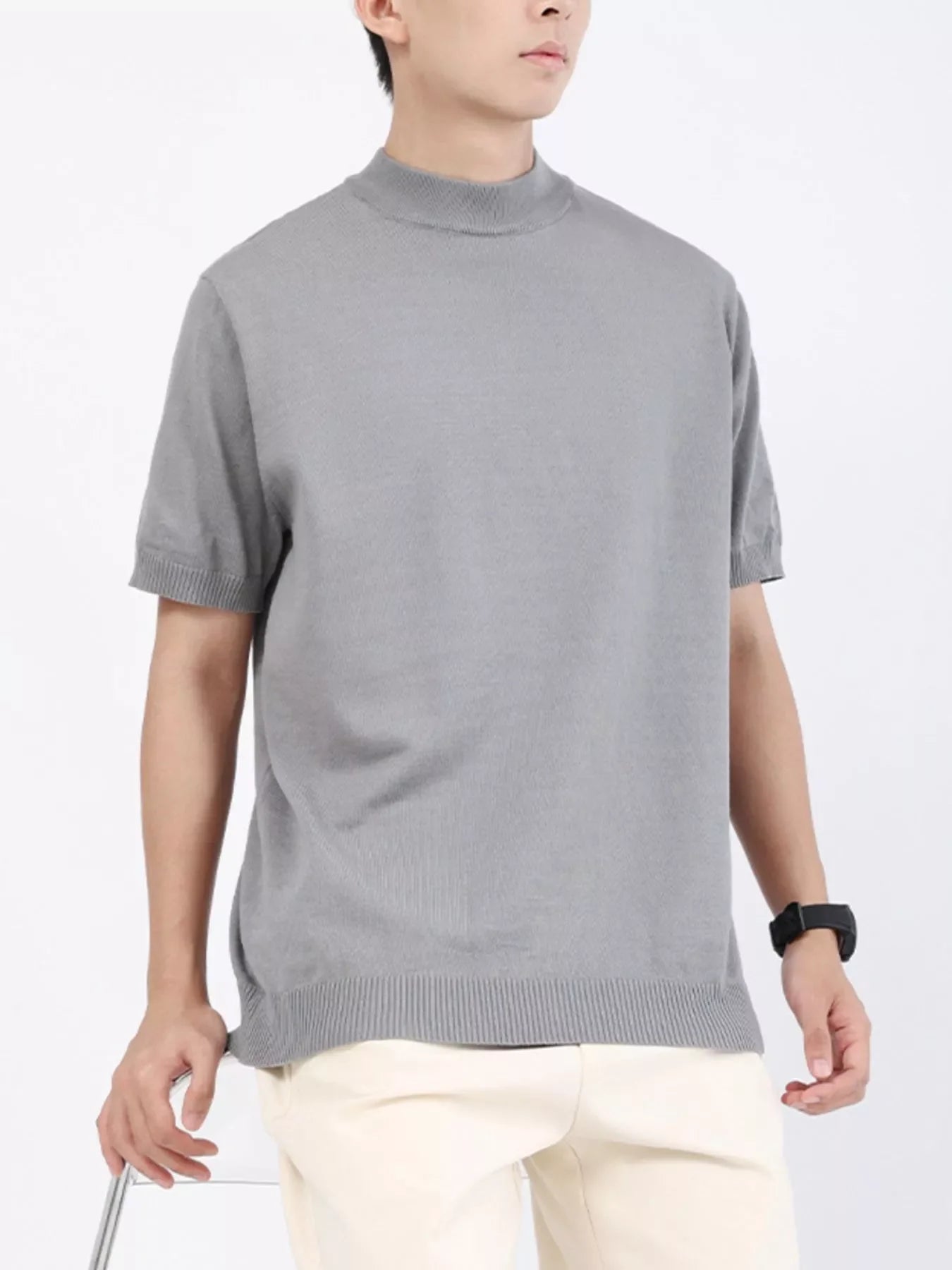 Men's Plus Size Mock Neck Knitted T-Shirt - -