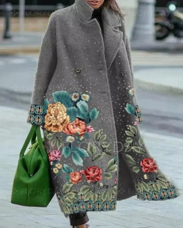 Winter Long Sleeve Lapel Jacket Printed Wool Long Winter Cashmere Coats