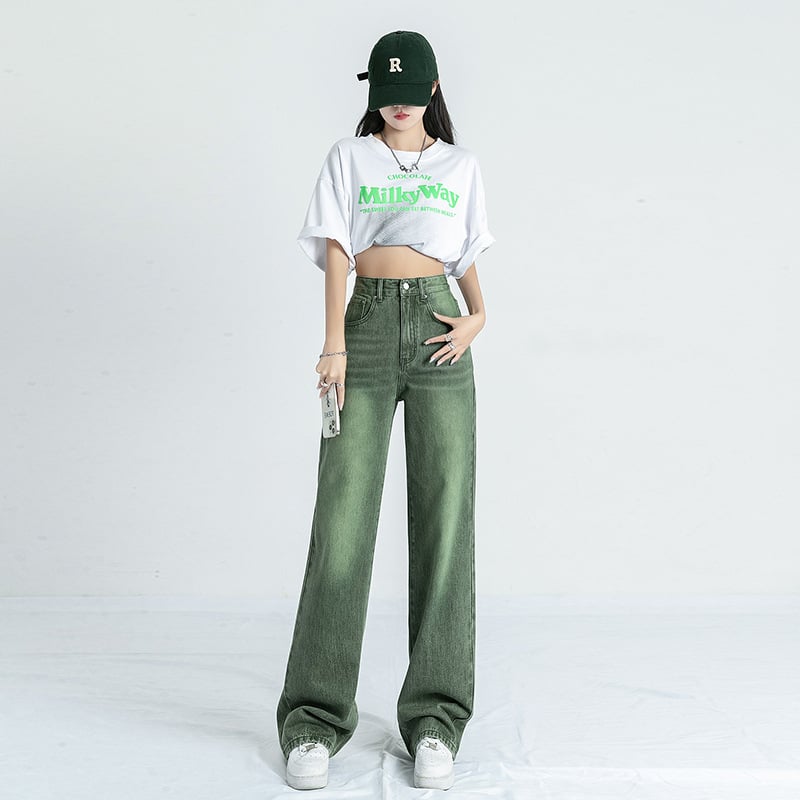 High Waist American Style Retro Straight Jeans - Green trousers XS - Women's Fashion - Women's Clothing - Bottoms - Jeans