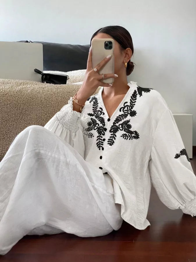 Embroidered Notched Long Sleeve Blouse - -