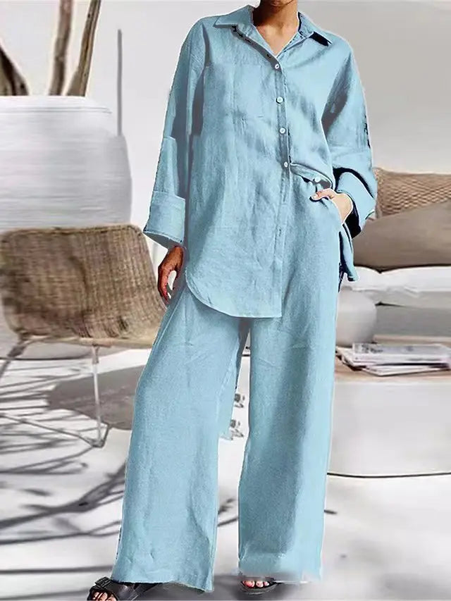 Long Sleeve Cotton Linen Shirt and Loose Pants Two Piece Set Loungewear Set