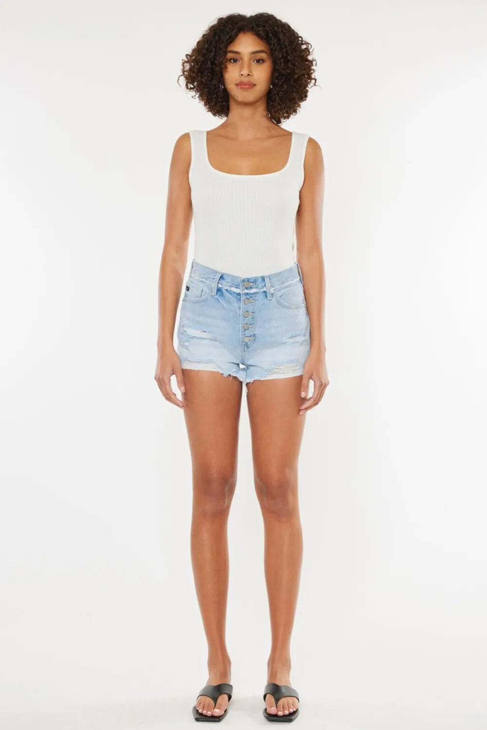 Kancan Distressed Button Fly Denim Shorts - -