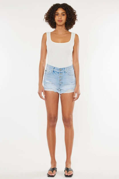 Kancan Distressed Button Fly Denim Shorts - -