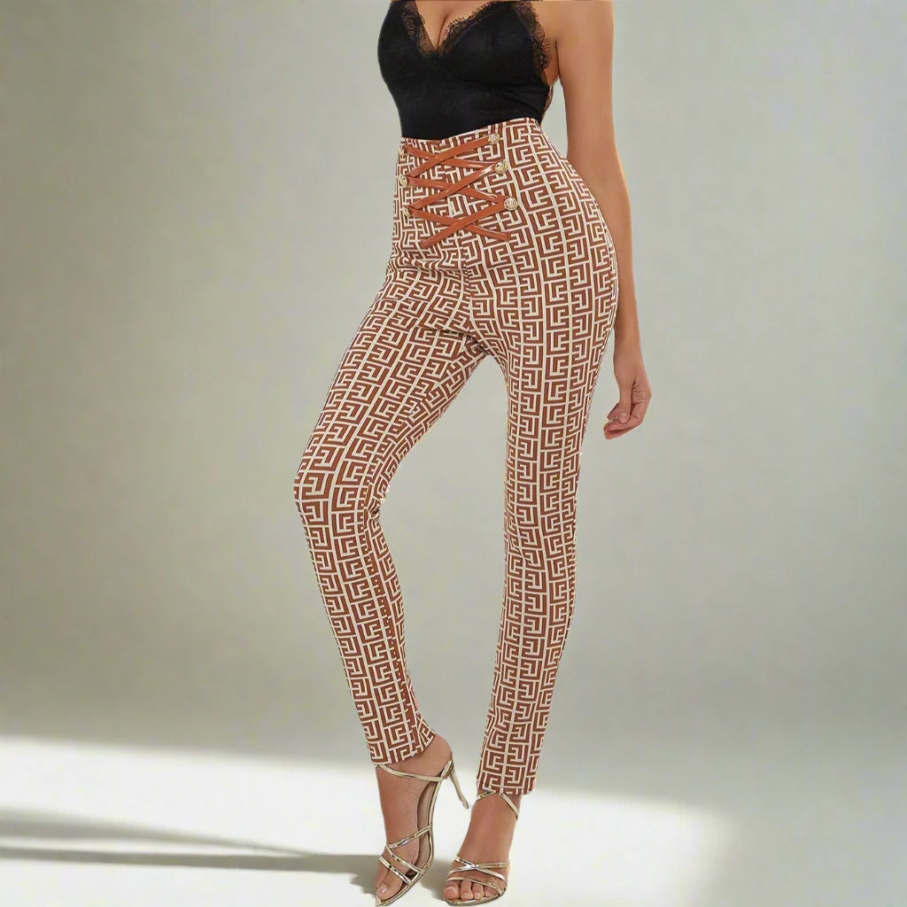 Ladies Jacquard High Waist Bandage Long Pants