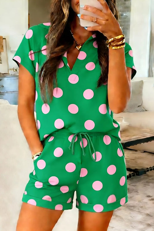 Polka Dot Print V Neck Tee Short Set - Green - pajamas