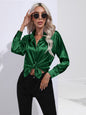 Collared Neck Buttoned Long Sleeve Shirt - Dark Green -