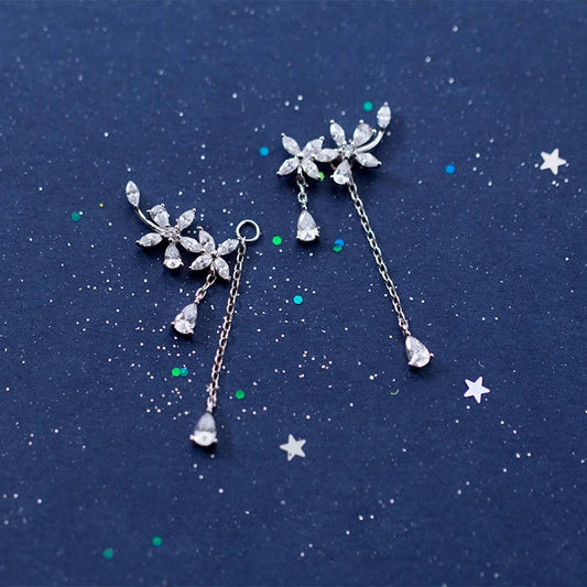 925 Sterling Silver Zircon Flower Tassel Long Earrings for Women