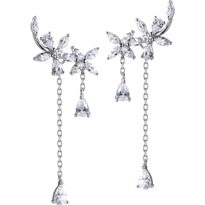 925 Sterling Silver Zircon Flower Tassel Long Earrings for Women