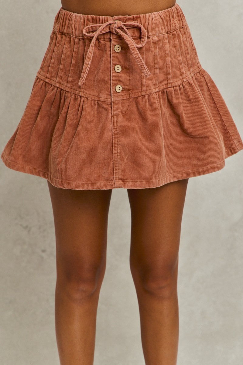 SO ME Mineral Wash Pintucked Corduroy Mini Flared Skirt - -