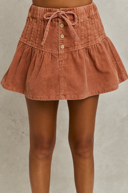 SO ME Mineral Wash Pintucked Corduroy Mini Flared Skirt - -