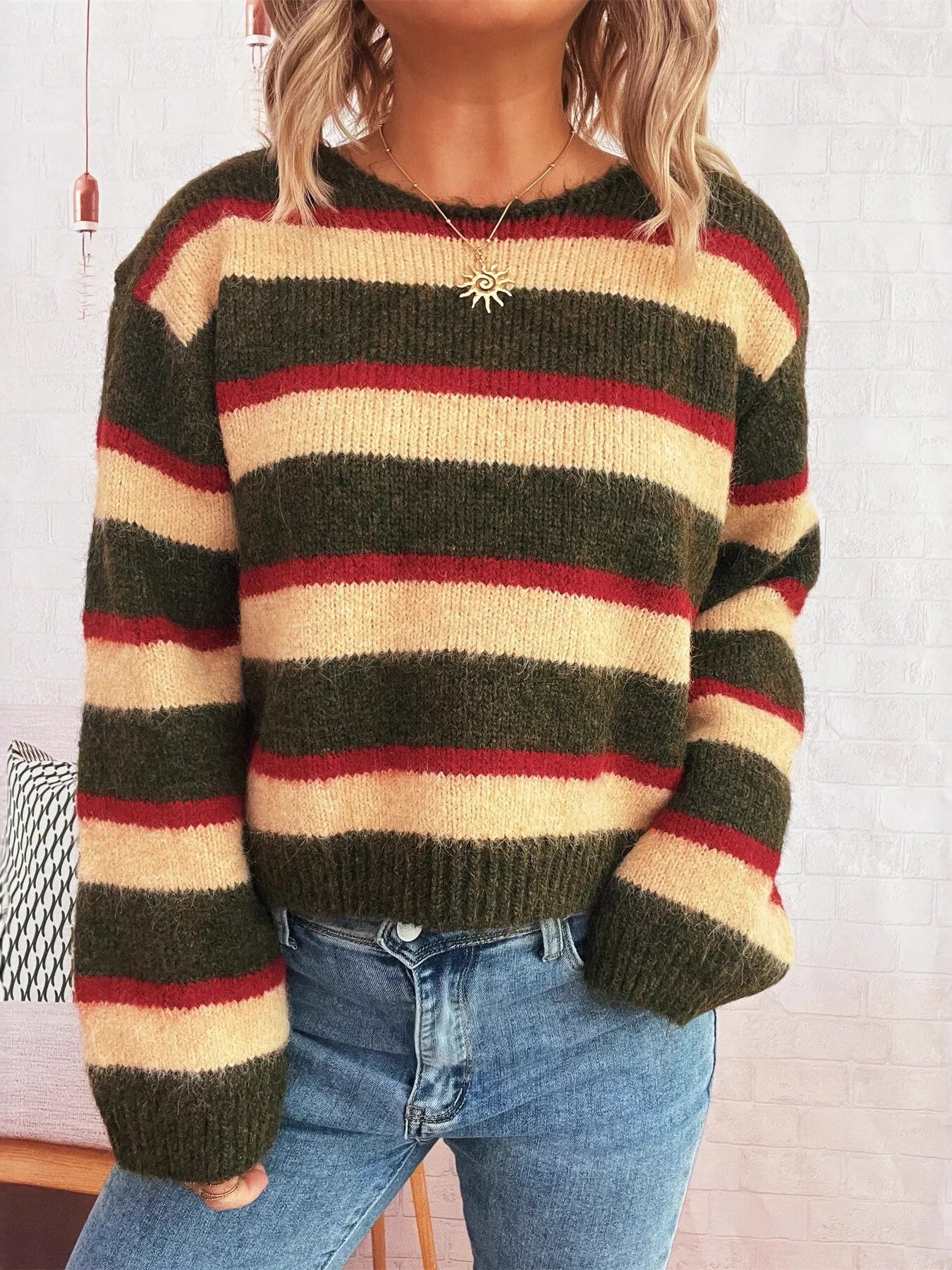 Striped Round Neck Long Sleeve Sweater - -