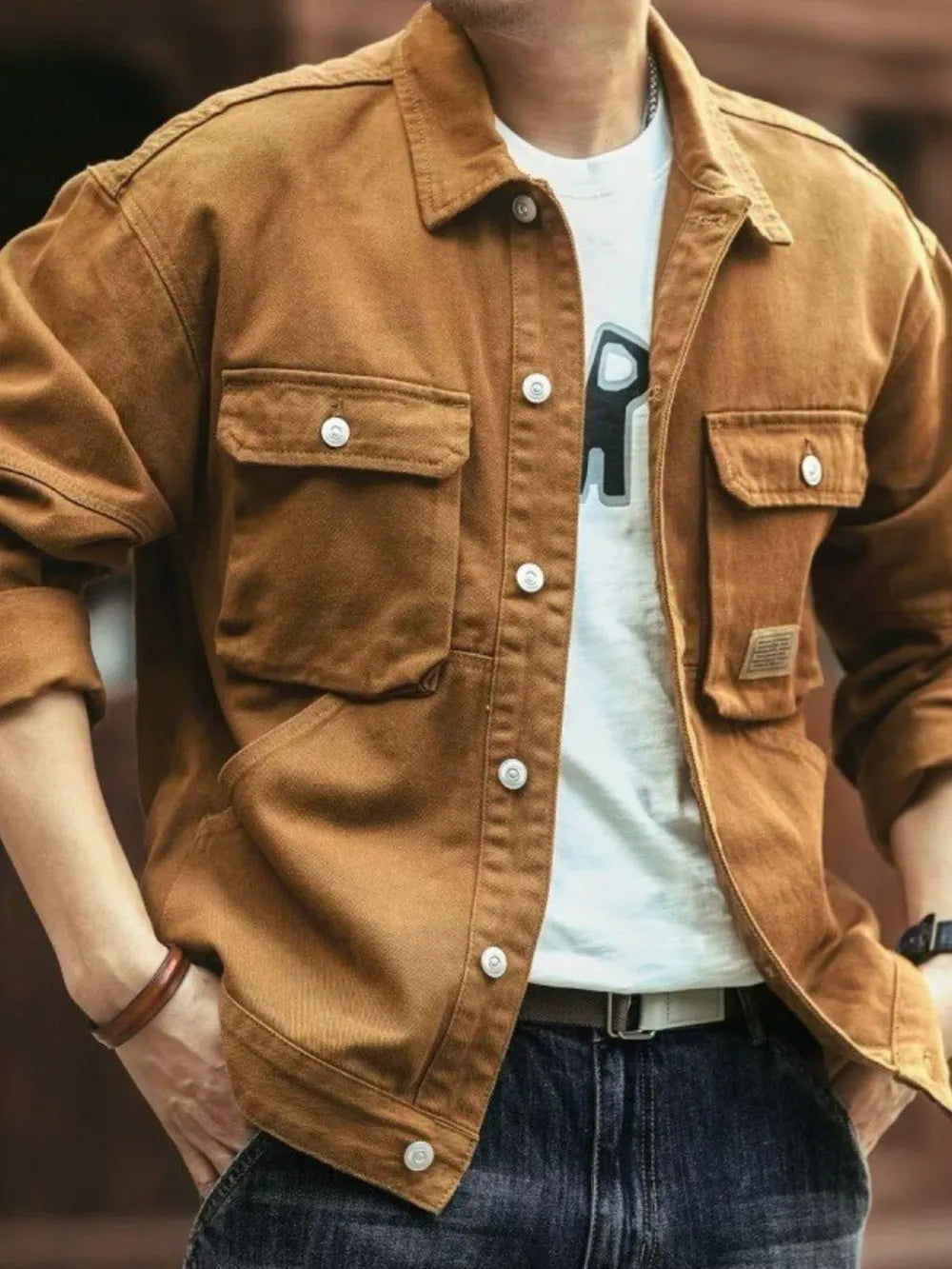 Men's Washed Collared Neck Cargo Jacket - Camel -