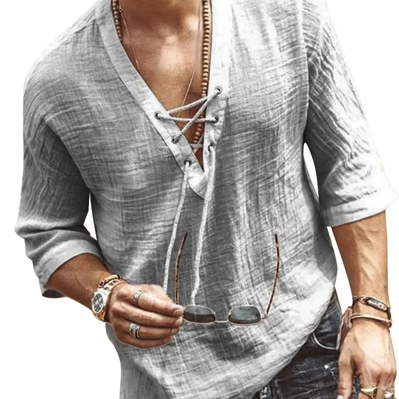 Men's Tee Shirt Solid Tops Pullover v Neck Lace-Up Loose Top Casual Half Sleeve