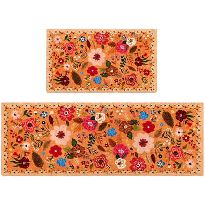 Boho Chic Non-Slip Kitchen Rug Set - Floral Orange - - rugs