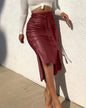 Mid-Length Wrap PU Leather Skirt for Women High-Waisted Slit Slim Half Skirt