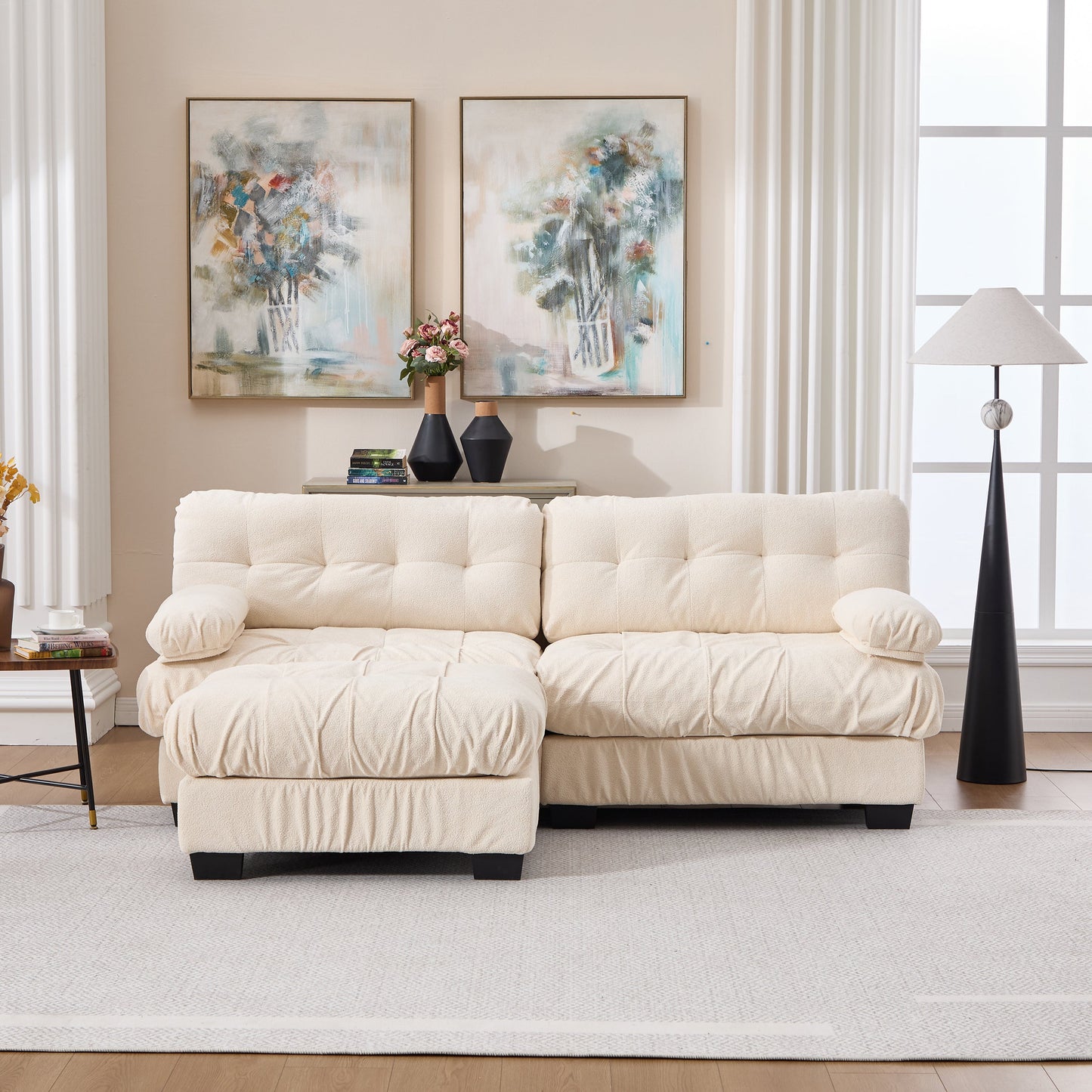 Sectional Sofa L-Shape Cloud Flannelette Beige 3 Seat 88 In 4 Pillows - - Sectional Sofas