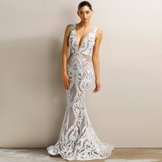 Sexy Deep V Neck Sleeveless Evening Gown Dress - white S - dress