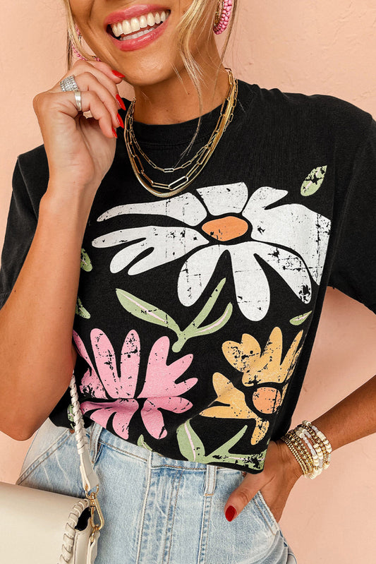Black Retro Floral Print Crew Neck Casual T Shirt - Black 62%Polyester+32%Cotton+6%Elastane - Graphic/Graphic Tees
