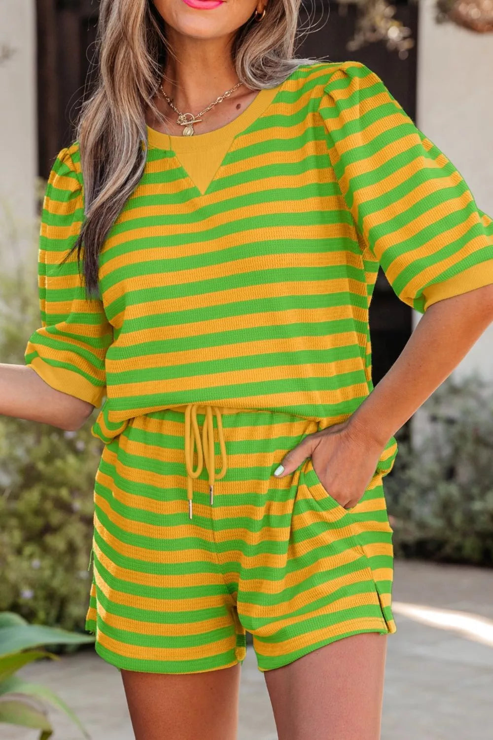 Striped Puff Sleeve Top and Drawstring Shorts Set- Shopimist- {{Product type}}