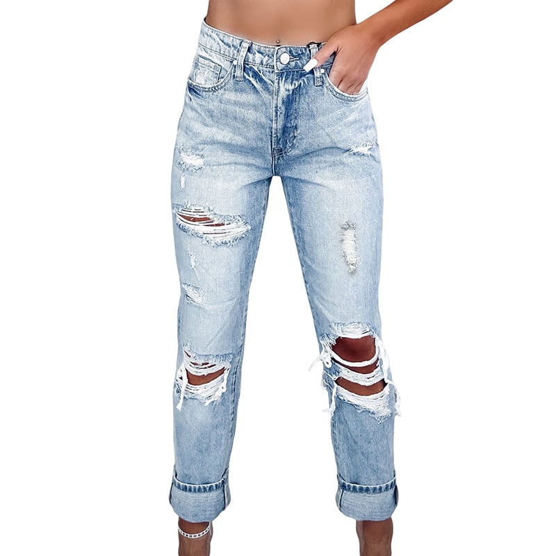 Retro High Waist Tattered Skinny Jeans - LC7874095 Sky Blue 14 - Women's Fashion - Women's Clothing - Bottoms - Jeans