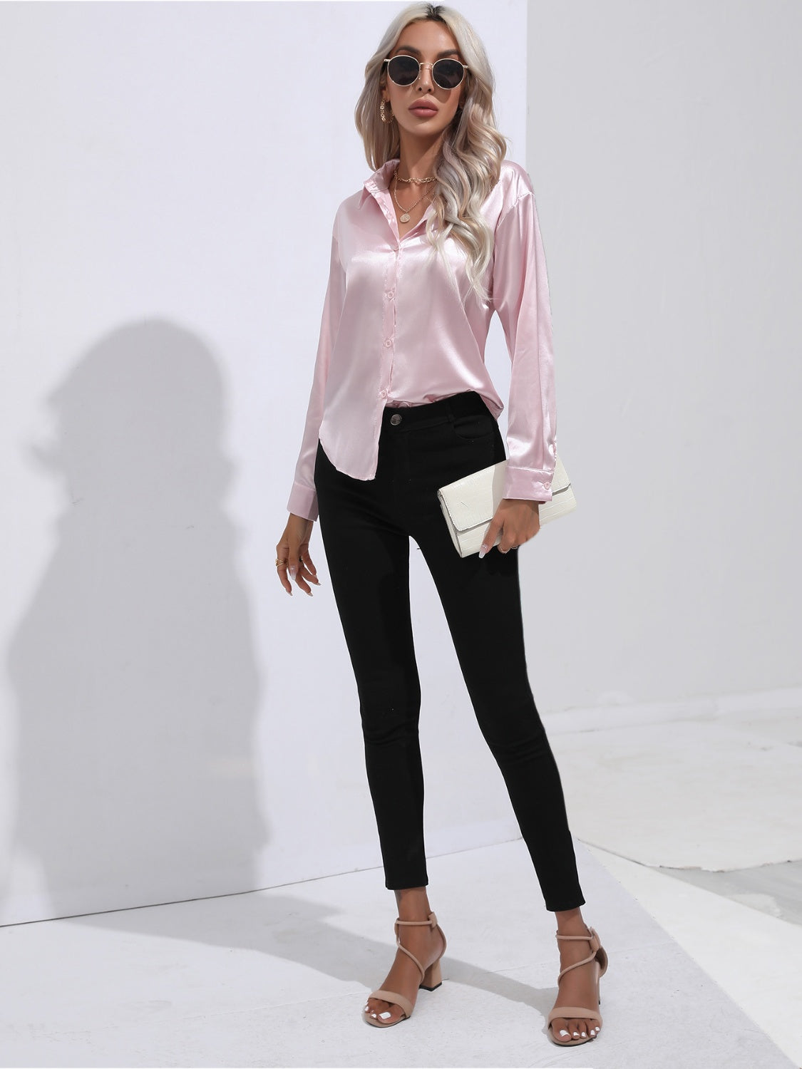 Collared Neck Buttoned Long Sleeve Shirt - -