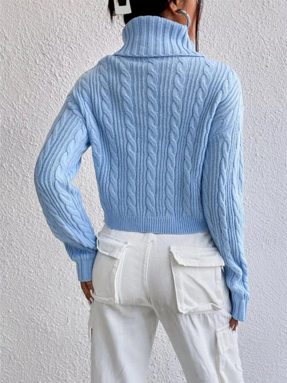 Cable-Knit Turtleneck Long Sleeve Sweater - -