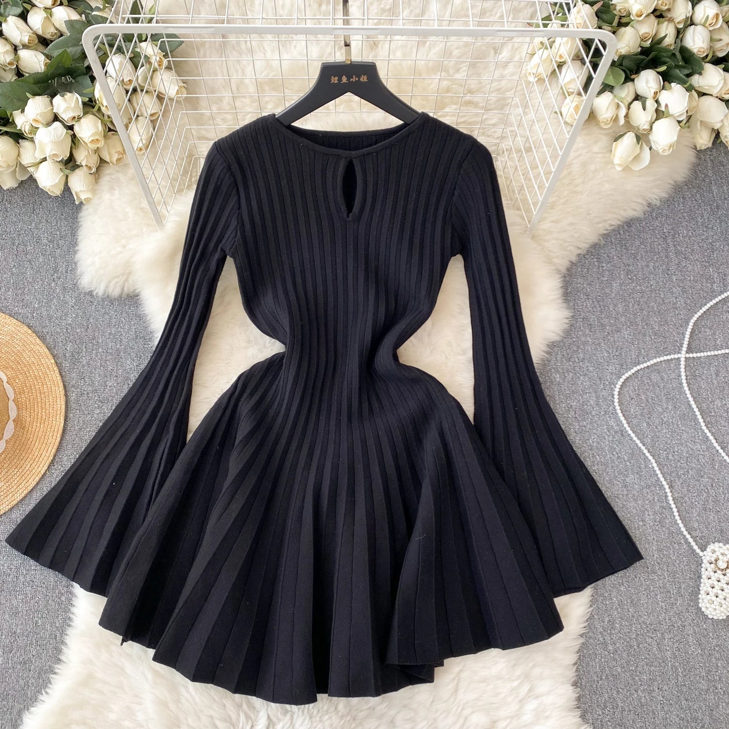 Spring & Autumn Flared Long Sleeve Loose Straight Pleated Casual Dress