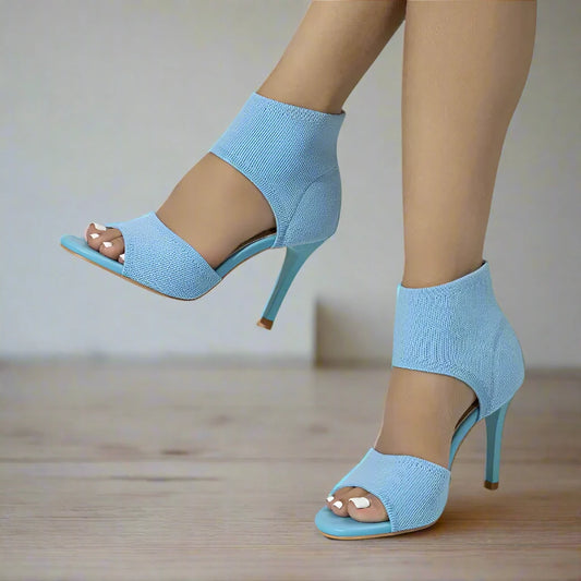 Baby Blue Color Knit Fabric Fashion Pumps High Heels for Women