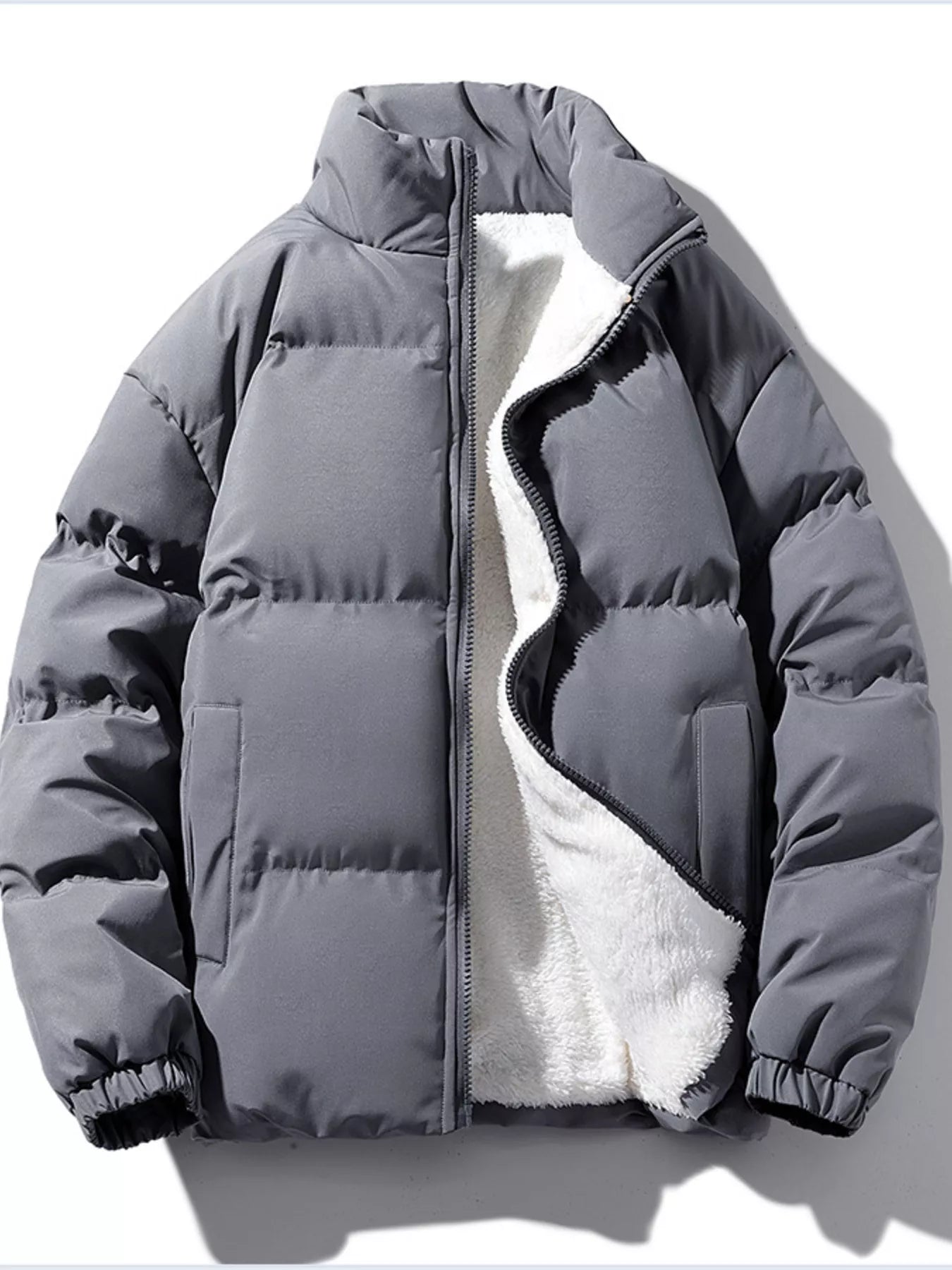 Men's Plus Size Zip Up Sherpa Lined Puffer Jacket - Dark Gray -