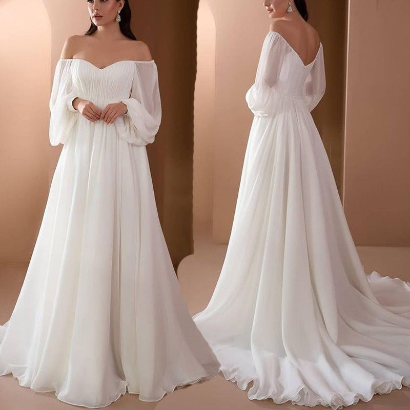 Elegant White Off Shoulder Ruched Gown - - dress
