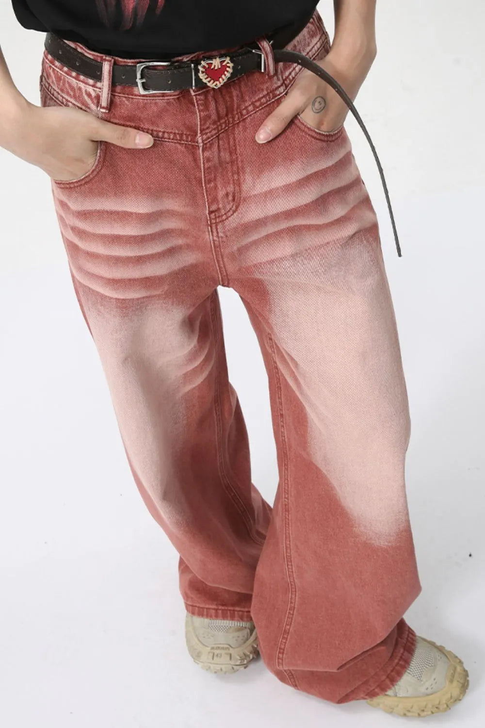 Men's Washed Wide Leg Jeans - -
