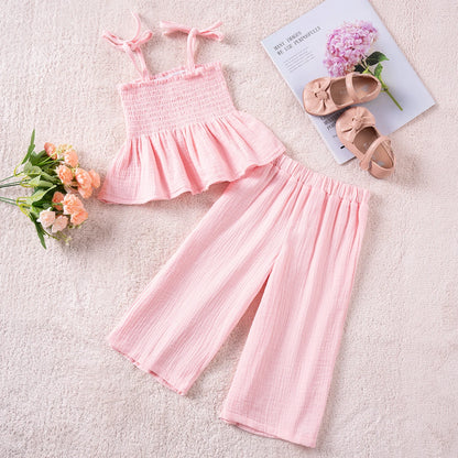 Girls Muslin Cotton Sleeveless Tank and Wide Leg Pants Pink