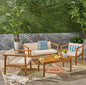 4-Piece Teak Acacia Wood Patio Chat Set with Cushions - Beige -