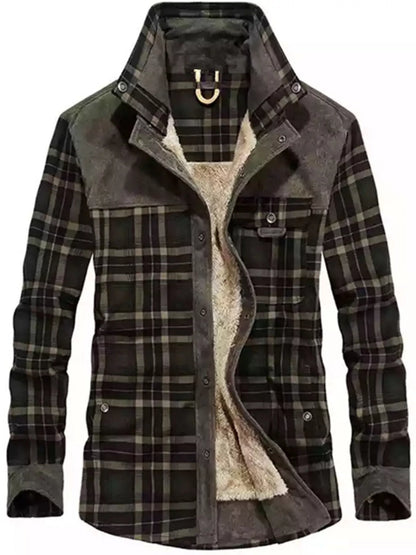 Men's Full Size Plaid Fleece Lined Snap Down Jacket Plus Size - Big Green Army -