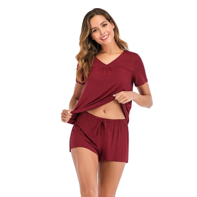 Women's Modal Fabric V-Neck Pajama Set Short Sleeve Sleepwear Nightwear PJs