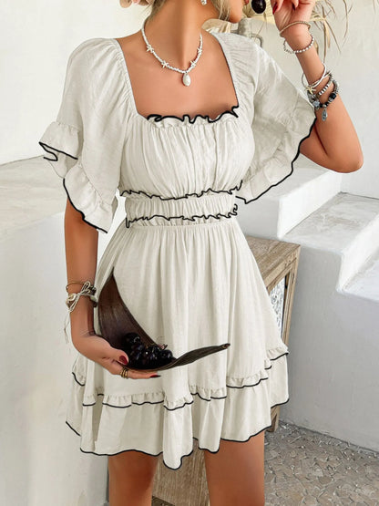 Square Neck Ruffle Trim Mini Dress - -