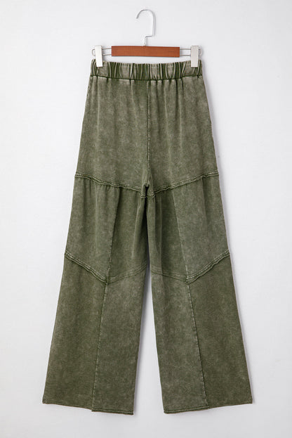 Vineyard Green Mineral Wash Tiered Wide Leg Patchwork Drawstring Pants - - Bottoms/Pants & Culotte