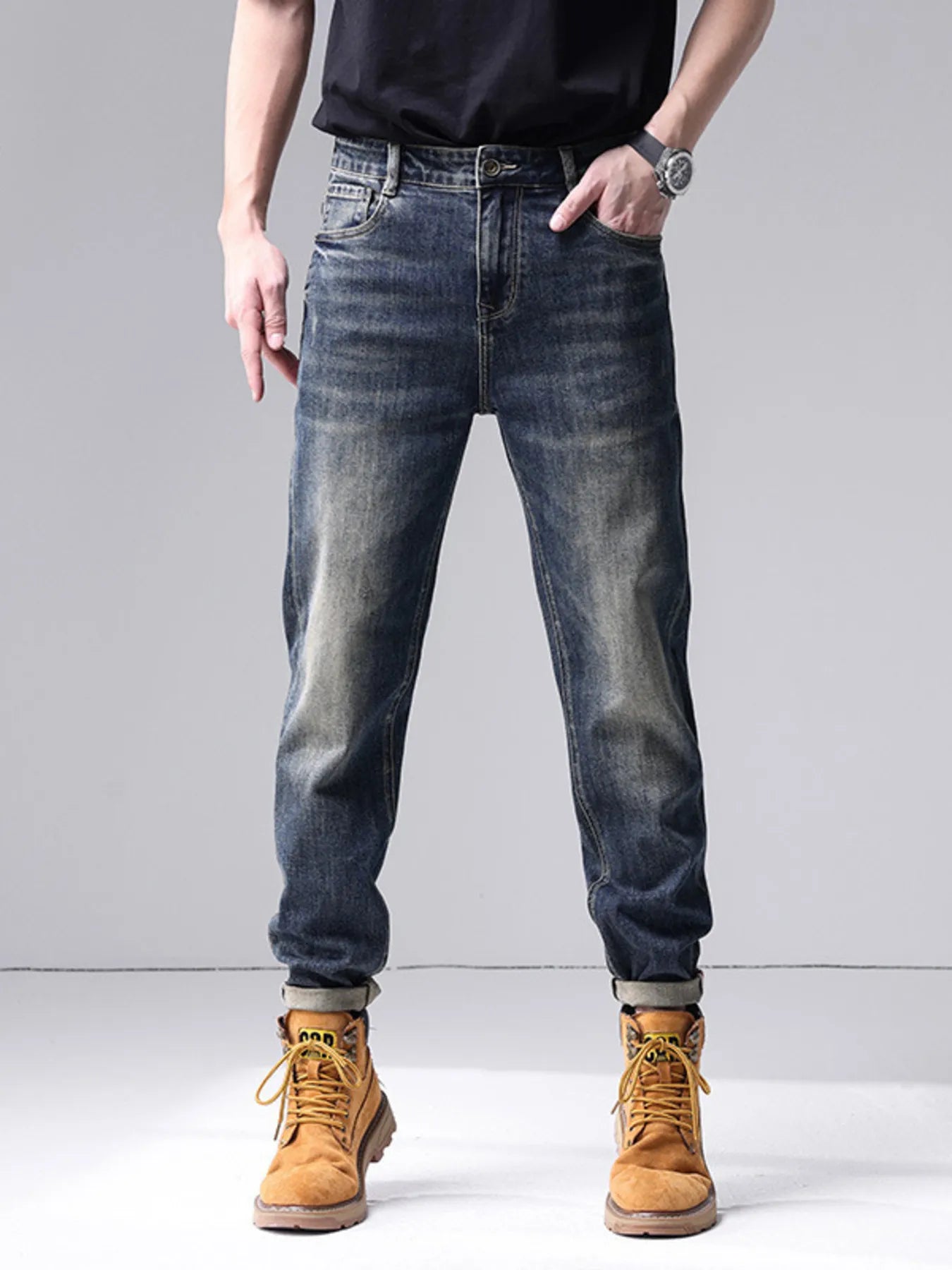 Men's Washed Straight Leg Jeans - -