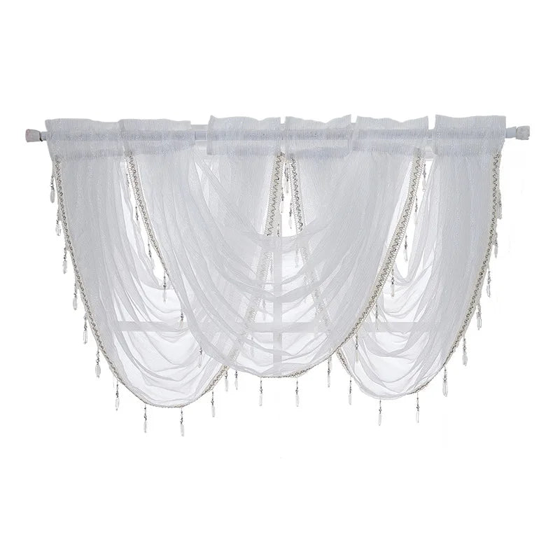 3 Pieces Beaded Sheer White Waterfall Valance Swag Curtain for Windows