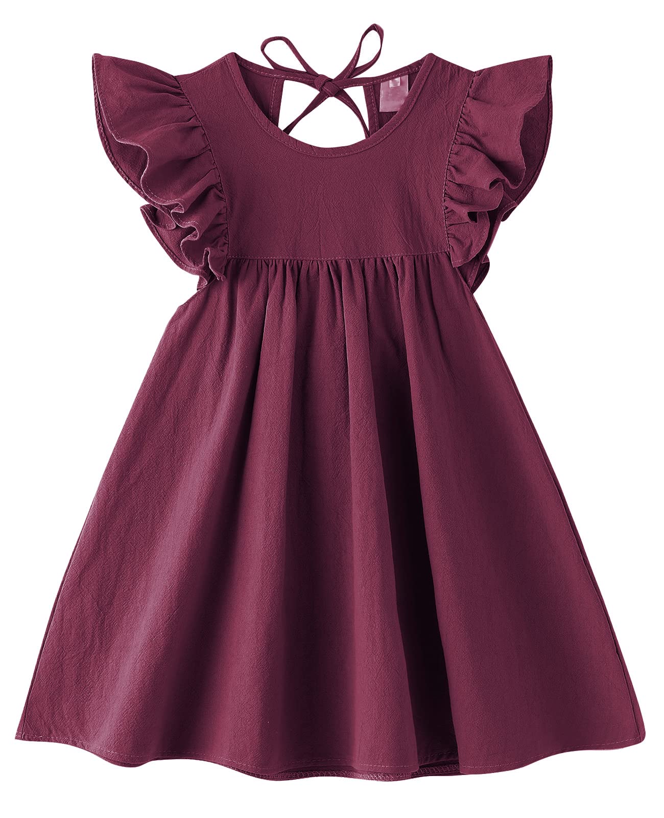 LYXIOF Toddler Girl Cotton Linen Ruffle Dress - Wine Red 90CM - Wine Red 2T - toddler dress