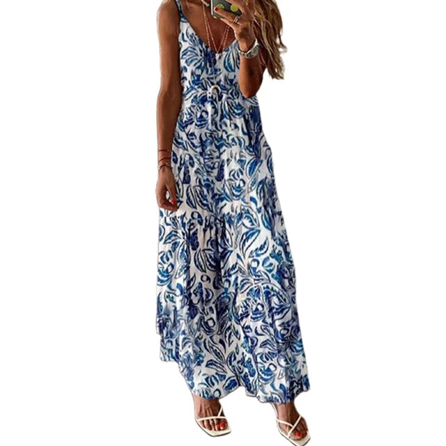 Women Boho Vintage Maxi Dress - Blue White 1 Medium - dress