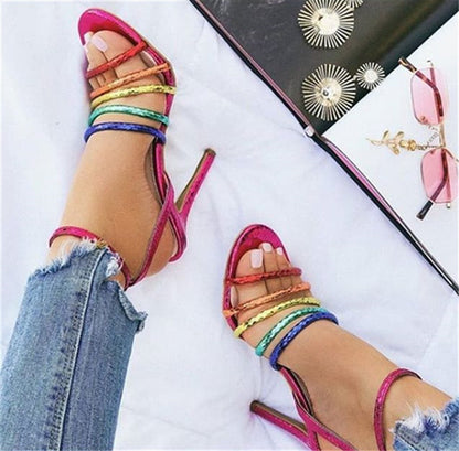Colorful Strap Stiletto High Heel Roman Sandals - - heels