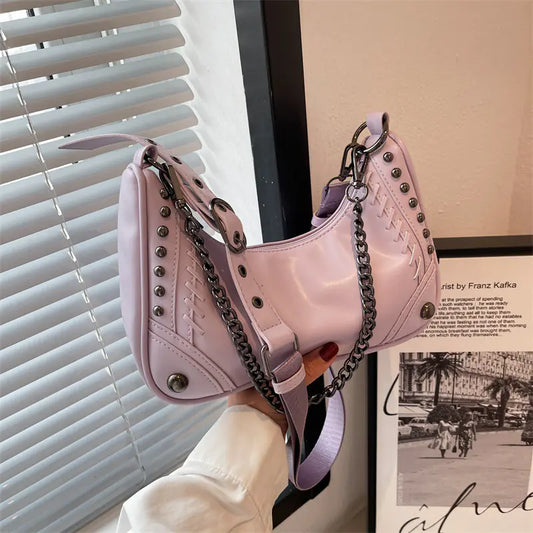 Vintage Heavy Rivet Chain Shoulder Bag - pink - shoulder bag