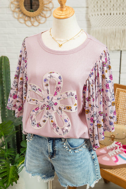 Pink Contrast Floral Patched Flowy Half Sleeve Blouse - - Tops/Blouses & Shirts