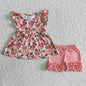 Flower Summer Pocket Ruffle Top and Shorts Set dark pink